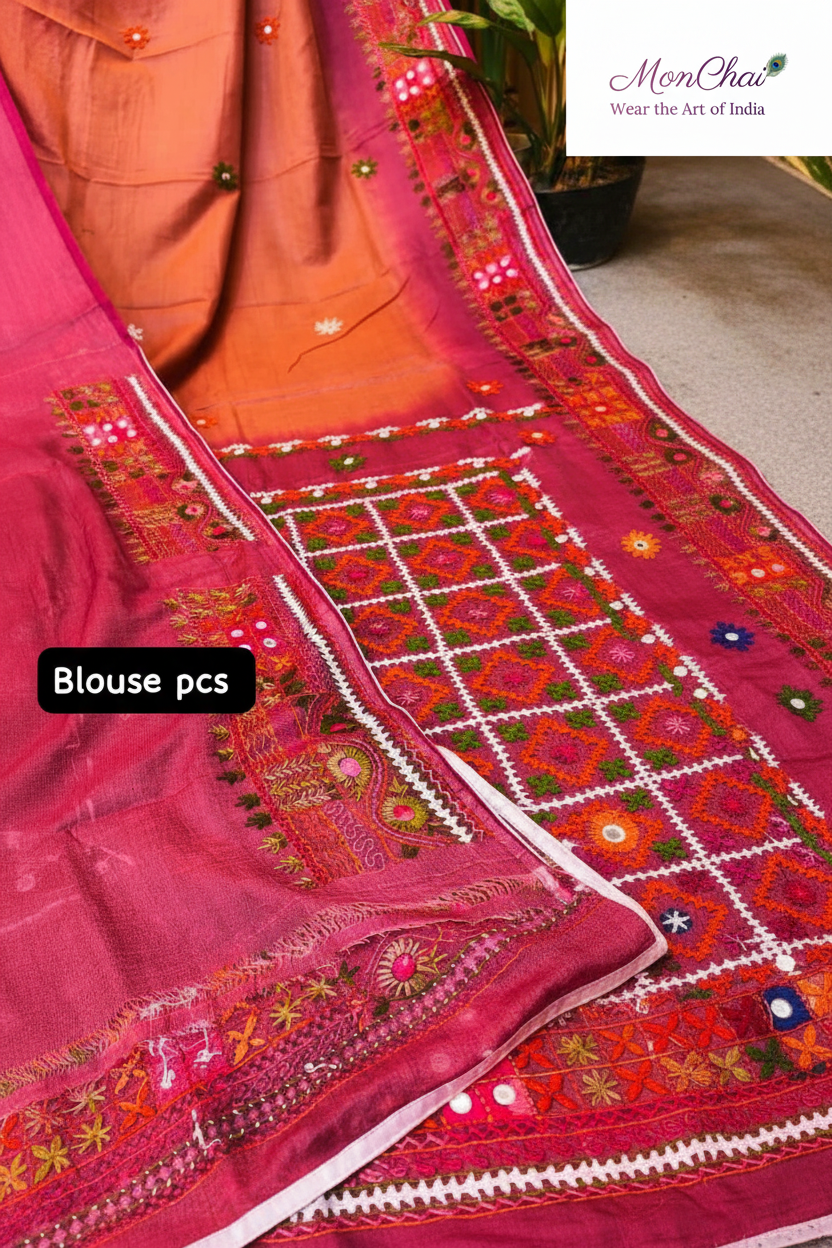 Lambani & Gujrati Fusion Hand Embroidery | Handloom Cotton Tussar Saree with Dye Work & Cord Piping Border | Own Production Boutique Collection
