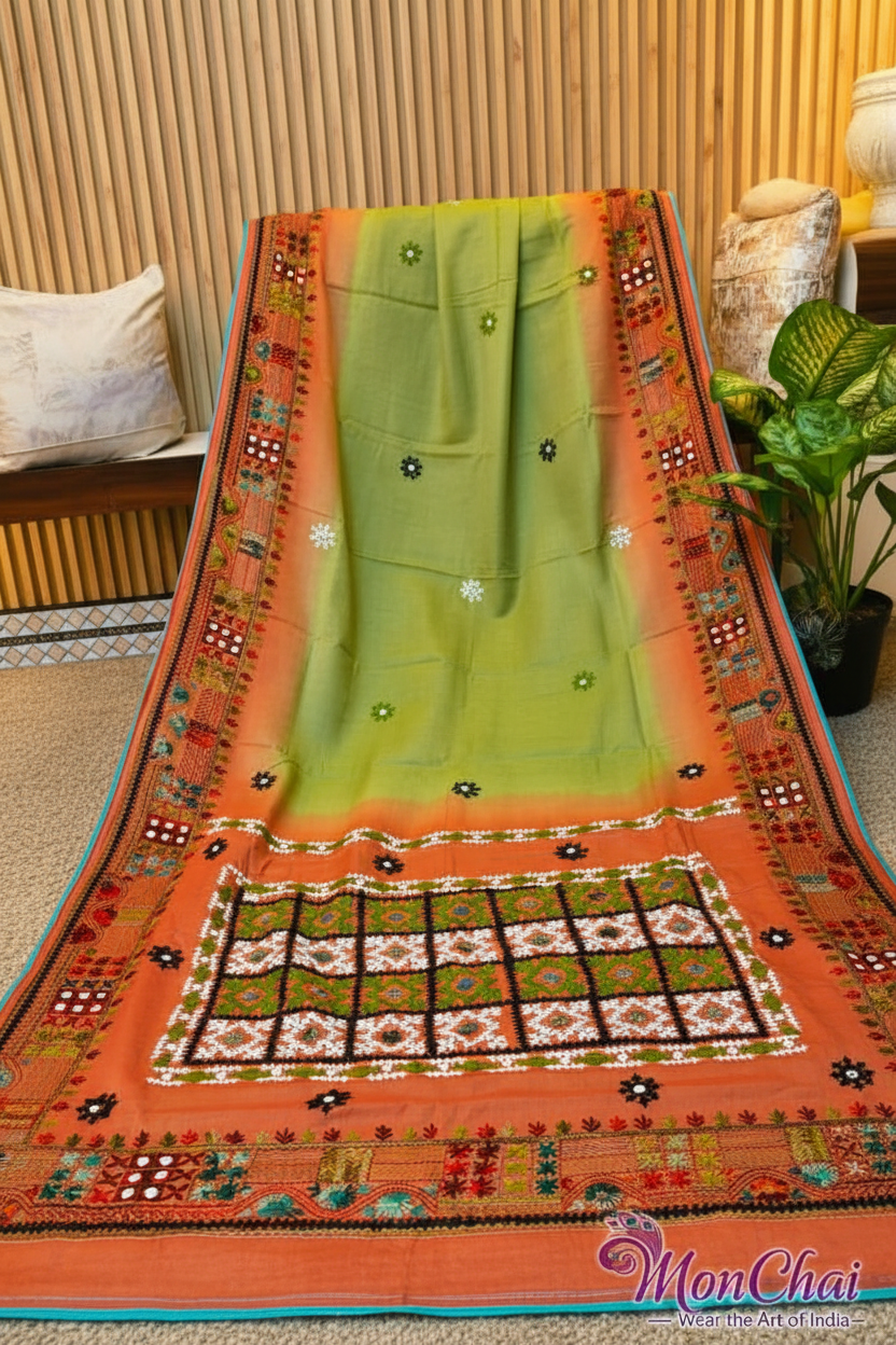 Lambani & Gujrati Fusion Hand Embroidery | Handloom Cotton Tussar Saree with Dye Work & Cord Piping Border | Own Production Boutique Collection