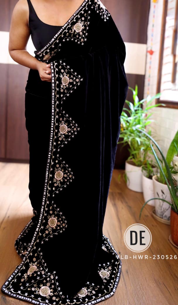 VLB-HWR-230526 | Midnight Black Velvet Saree with Antique Gold Zardosi & Floral Medallion Embroidery