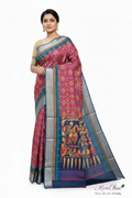 Patola Printed Tussar Silk Saree with Kalamkari Pallu & Zari Temple Border