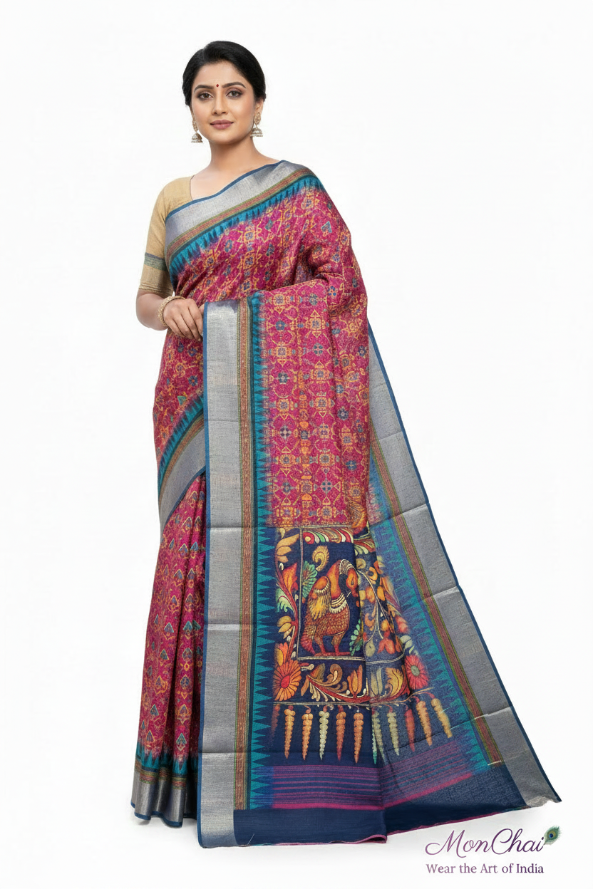 Patola Printed Tussar Silk Saree with Kalamkari Pallu & Zari Temple Border