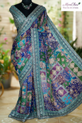 StarAura Azraq HS5086 | Pure Chinnon Designer Saree with Ajrakh Patchwork & Heavy Embroidery