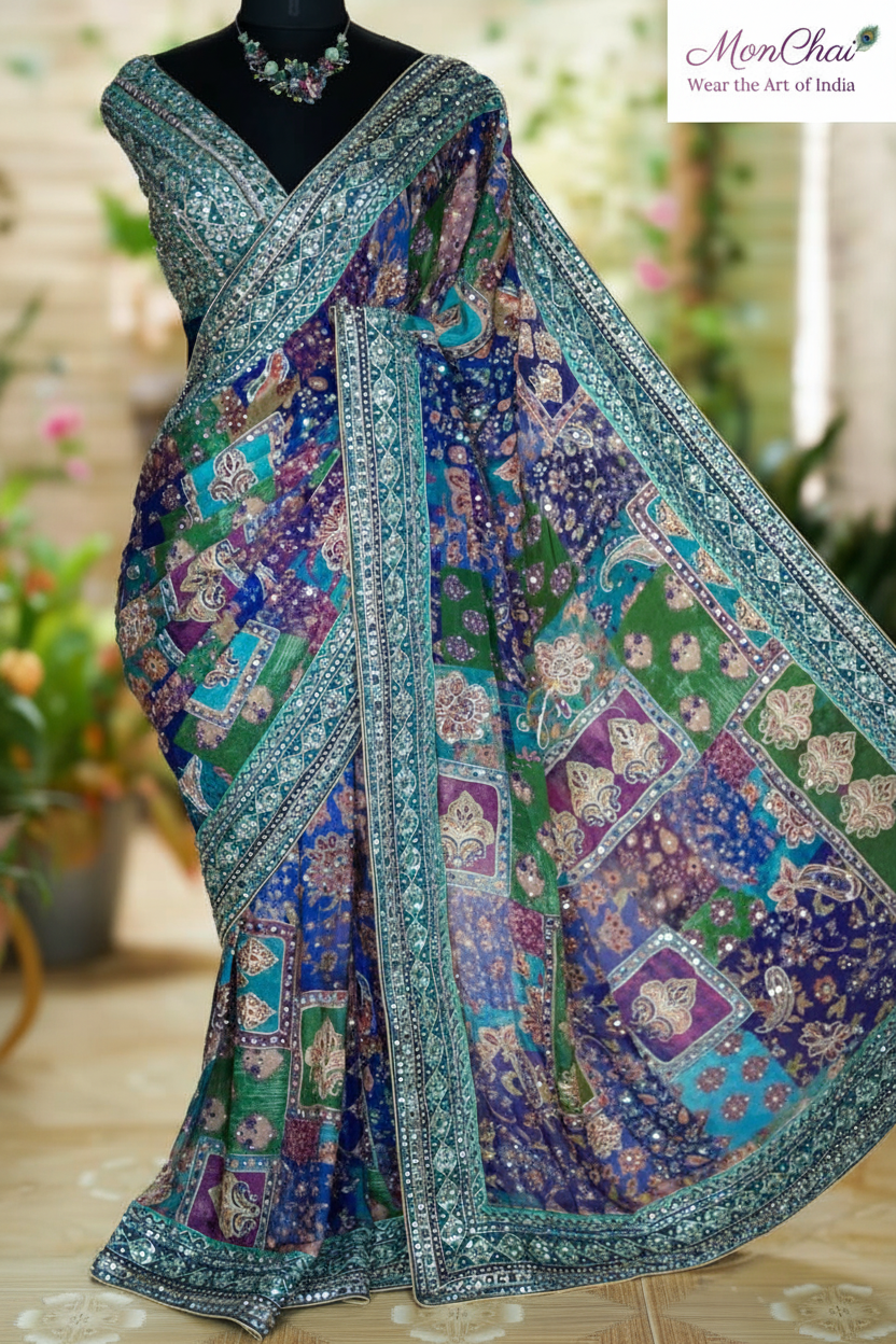 StarAura Azraq HS5086 | Pure Chinnon Designer Saree with Ajrakh Patchwork & Heavy Embroidery
