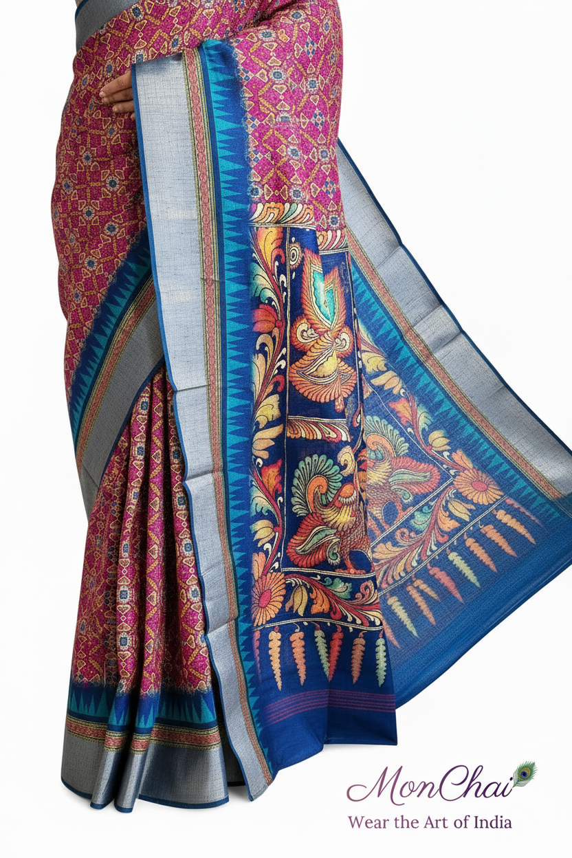 Patola Printed Tussar Silk Saree with Kalamkari Pallu & Zari Temple Border
