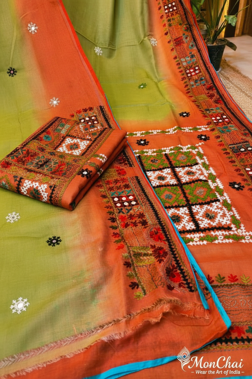 Lambani & Gujrati Fusion Hand Embroidery | Handloom Cotton Tussar Saree with Dye Work & Cord Piping Border | Own Production Boutique Collection
