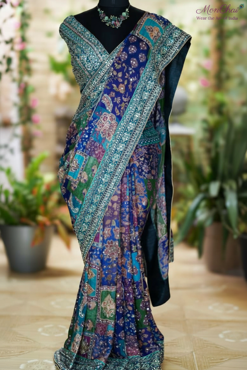 StarAura Azraq HS5086 | Pure Chinnon Designer Saree with Ajrakh Patchwork & Heavy Embroidery