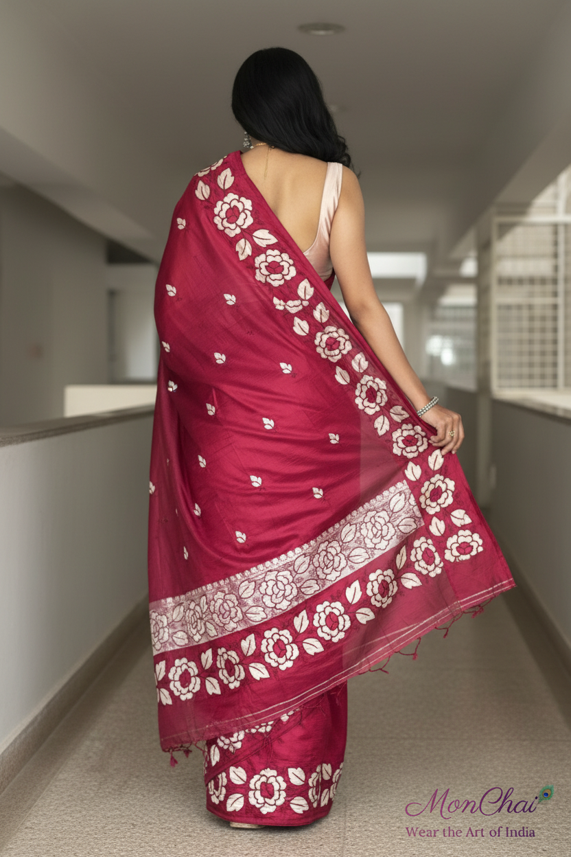 Pure Crape Silk Saree with Appliqué & Parsi Work Border | Self-Colour Blouse