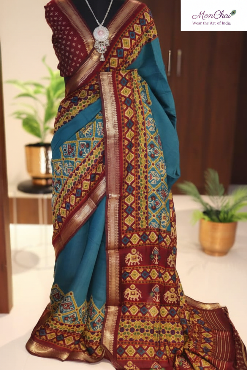 KLM-CND-080626 | Chanderi Soft Silk Saree with Patola Print & Zari Weaving Border