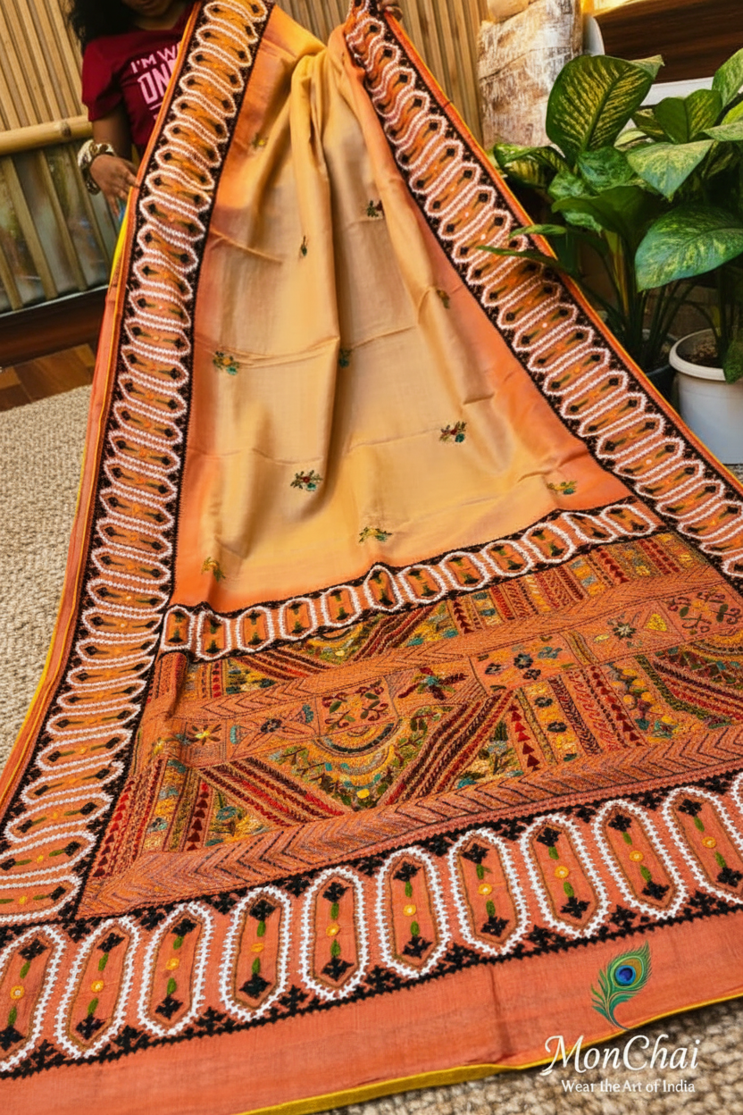 Lambani & Gujrati Fusion Hand Embroidery | Handloom Cotton Tussar Saree with Dye Work & Cord Piping Border | Own Production Boutique Collection