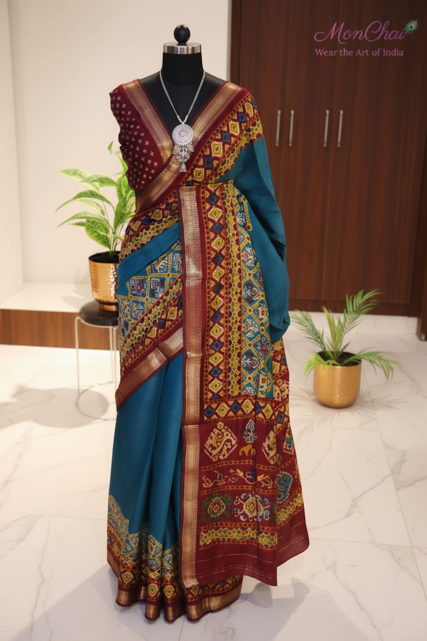 KLM-CND-080626 | Chanderi Soft Silk Saree with Patola Print & Zari Weaving Border