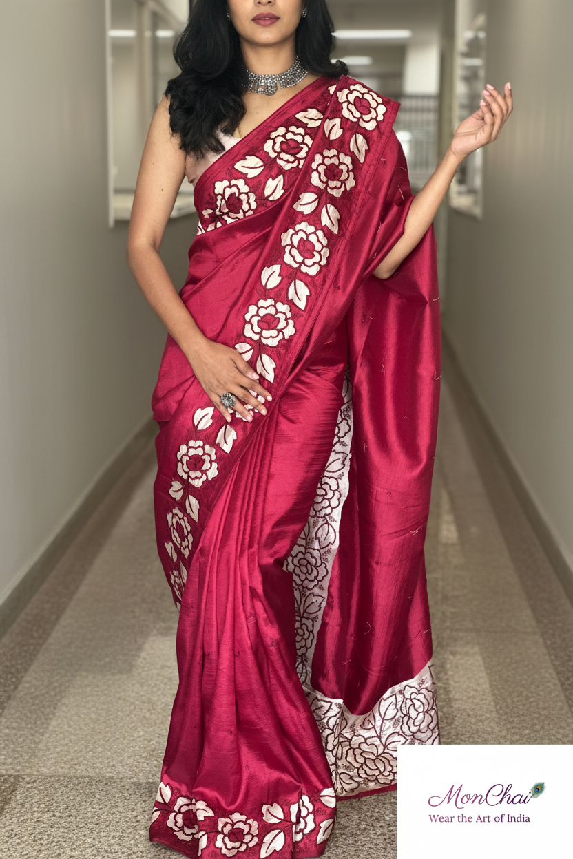Pure Crape Silk Saree with Appliqué & Parsi Work Border | Self-Colour Blouse