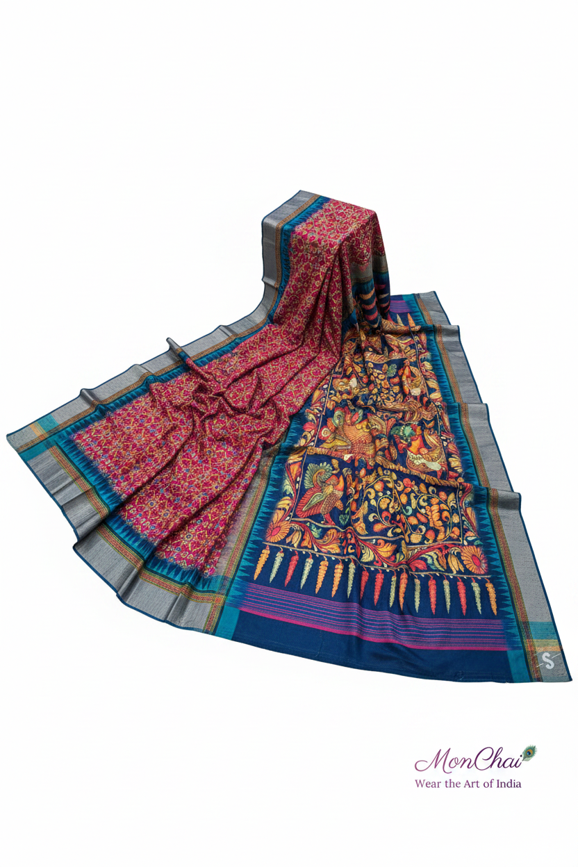 Patola Printed Tussar Silk Saree with Kalamkari Pallu & Zari Temple Border
