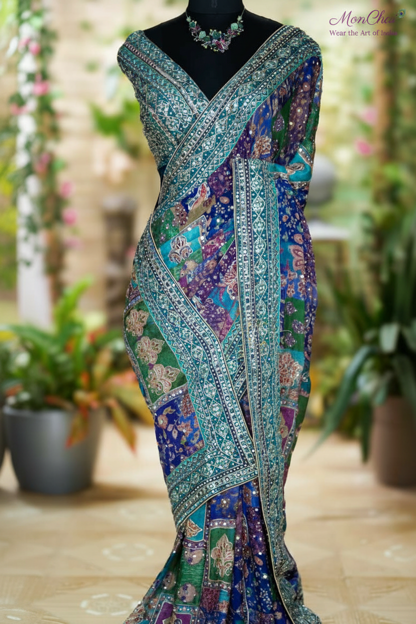 StarAura Azraq HS5086 | Pure Chinnon Designer Saree with Ajrakh Patchwork & Heavy Embroidery