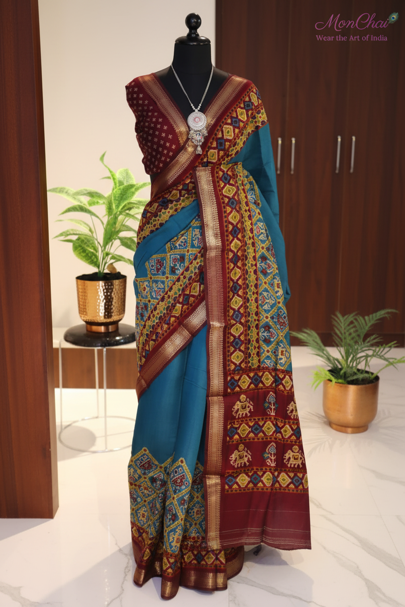 KLM-CND-080626 | Chanderi Soft Silk Saree with Patola Print & Zari Weaving Border