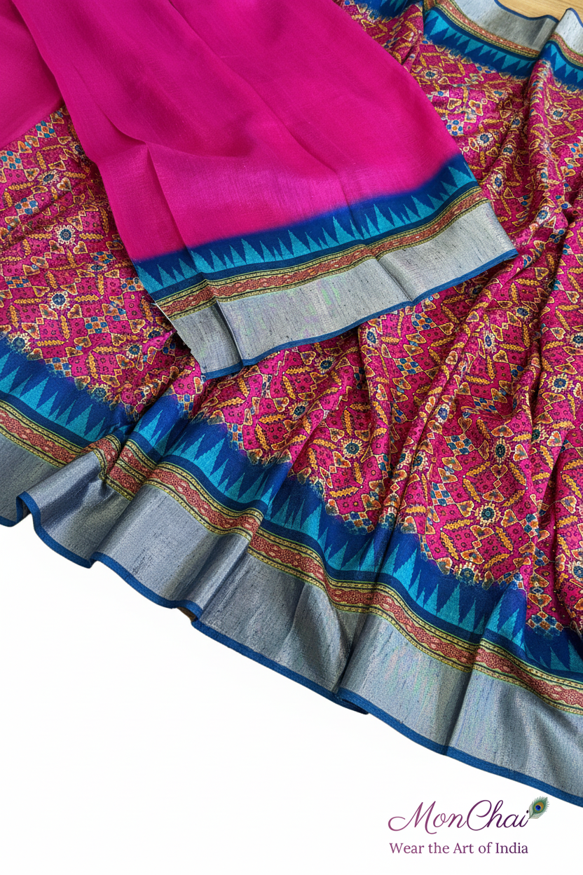 Patola Printed Tussar Silk Saree with Kalamkari Pallu & Zari Temple Border