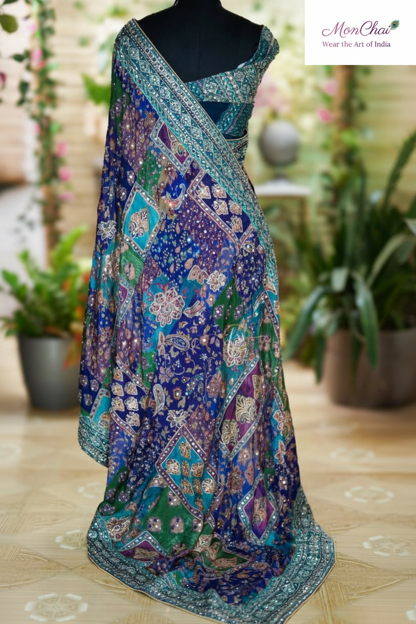 StarAura Azraq HS5086 | Pure Chinnon Designer Saree with Ajrakh Patchwork & Heavy Embroidery