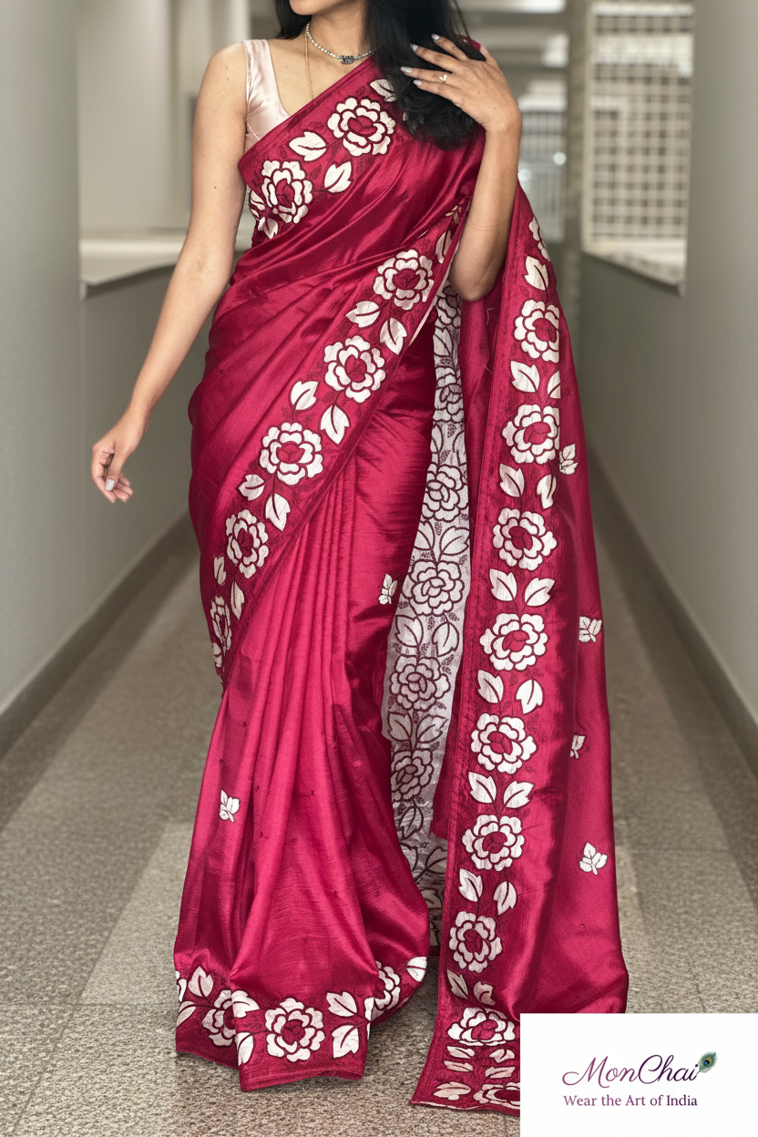 Pure Crape Silk Saree with Appliqué & Parsi Work Border | Self-Colour Blouse