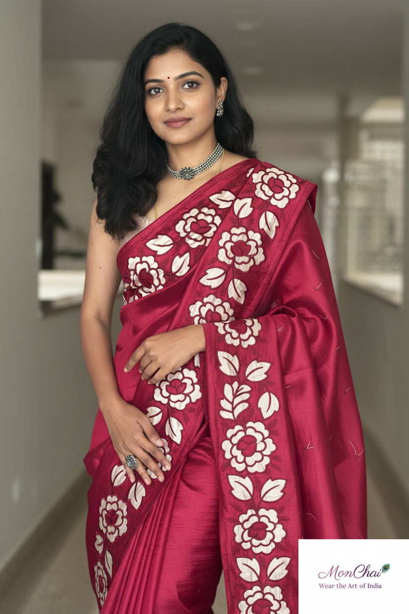 Pure Crape Silk Saree with Appliqué & Parsi Work Border | Self-Colour Blouse