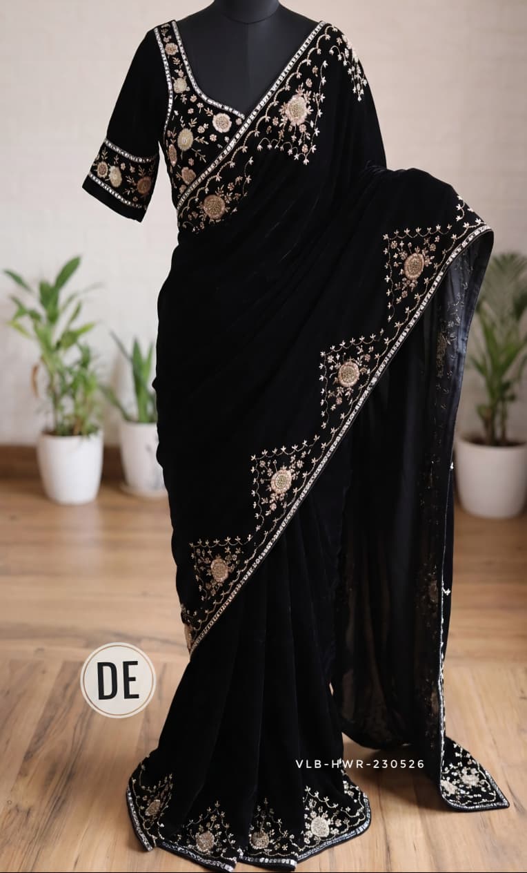 VLB-HWR-230526 | Midnight Black Velvet Saree with Antique Gold Zardosi & Floral Medallion Embroidery
