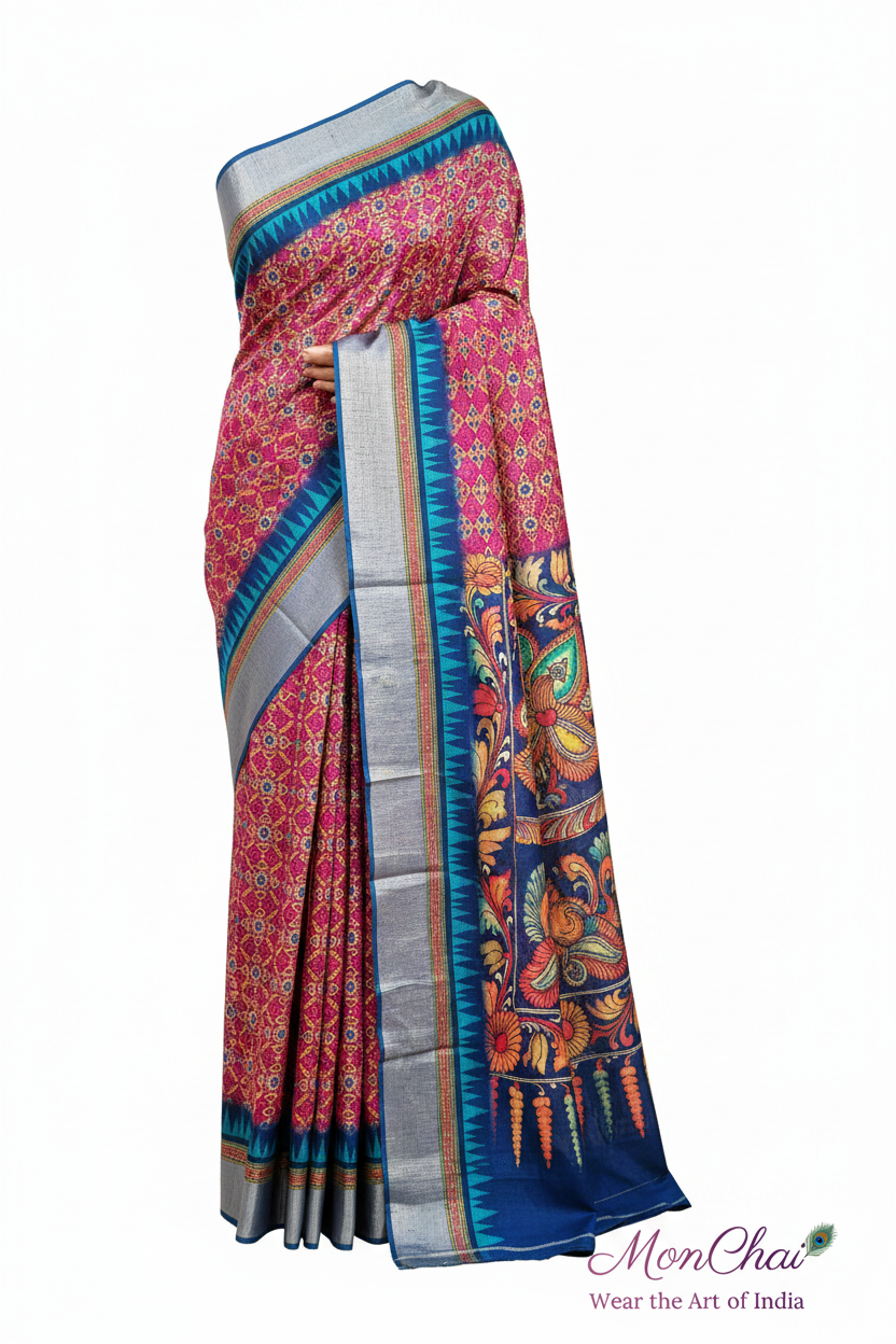 Patola Printed Tussar Silk Saree with Kalamkari Pallu & Zari Temple Border