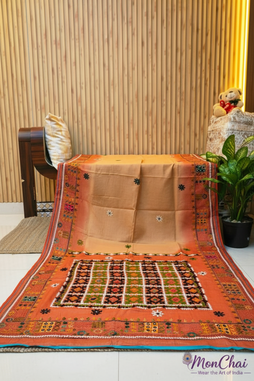 Lambani & Gujrati Fusion Hand Embroidery | Handloom Cotton Tussar Saree with Dye Work & Cord Piping Border | Own Production Boutique Collection