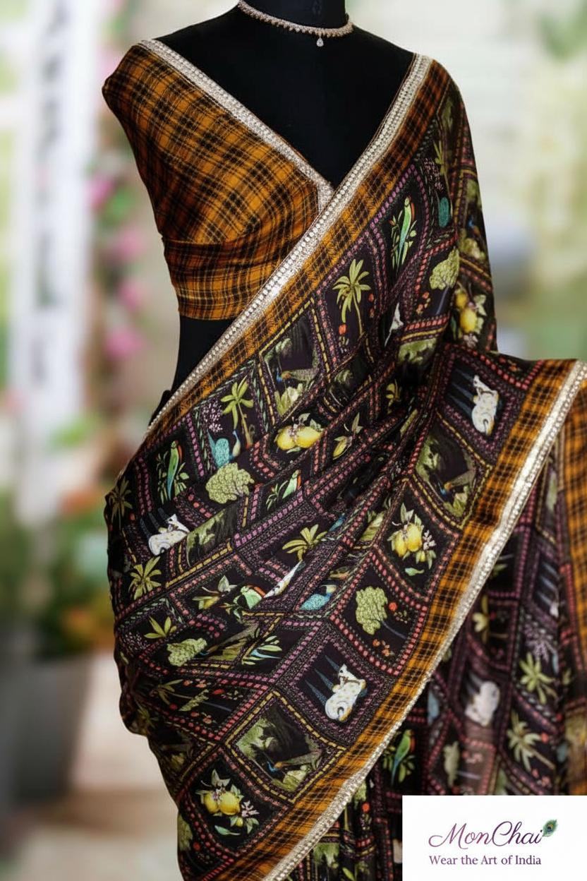 HS5278-KP | Pure Gajji Silk Saree with Nature Art Panels & Sequin Border