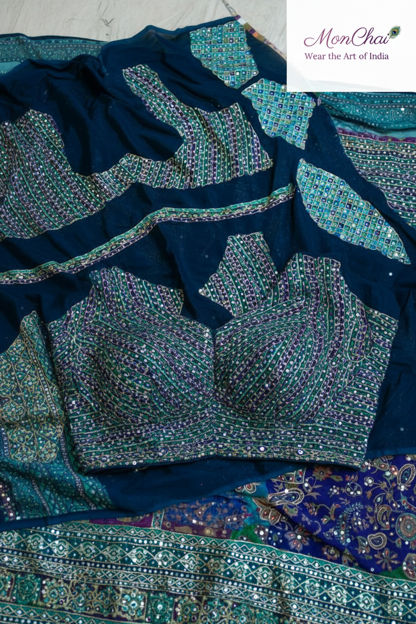 StarAura Azraq HS5086 | Pure Chinnon Designer Saree with Ajrakh Patchwork & Heavy Embroidery