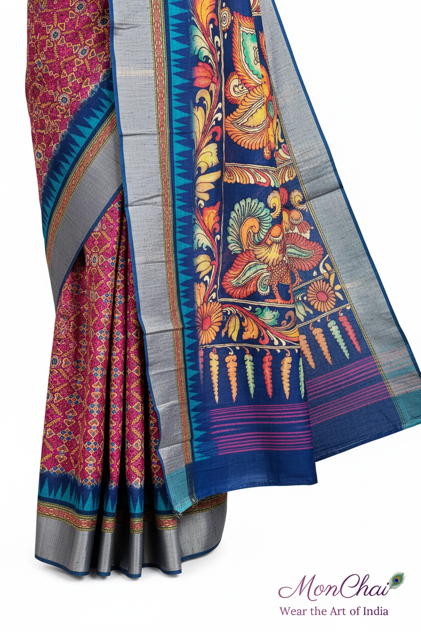 Patola Printed Tussar Silk Saree with Kalamkari Pallu & Zari Temple Border