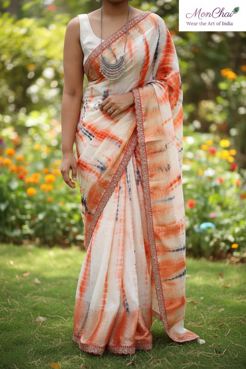 Exclusive Shibori Tie & Dye Pure Munga Saree with Lace Border