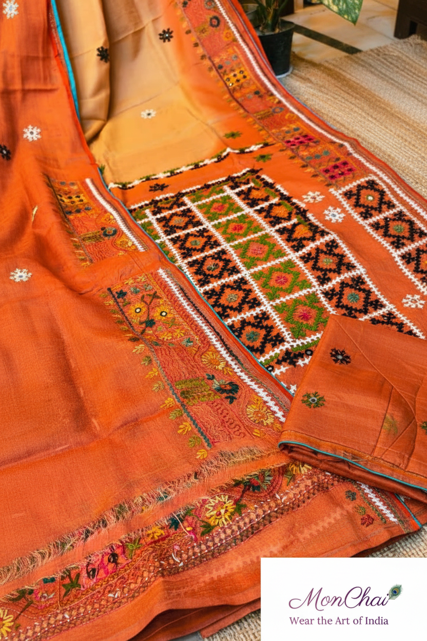 Lambani & Gujrati Fusion Hand Embroidery | Handloom Cotton Tussar Saree with Dye Work & Cord Piping Border | Own Production Boutique Collection