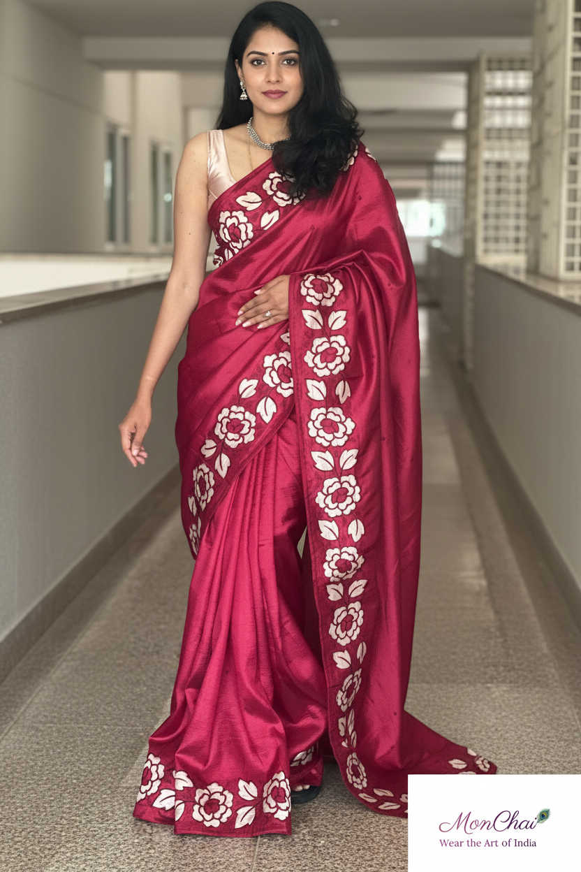 Pure Crape Silk Saree with Appliqué & Parsi Work Border | Self-Colour Blouse