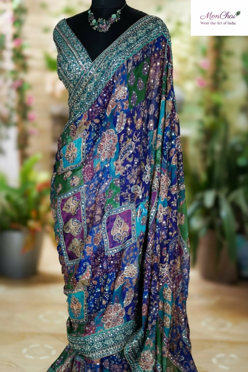 StarAura Azraq HS5086 | Pure Chinnon Designer Saree with Ajrakh Patchwork & Heavy Embroidery