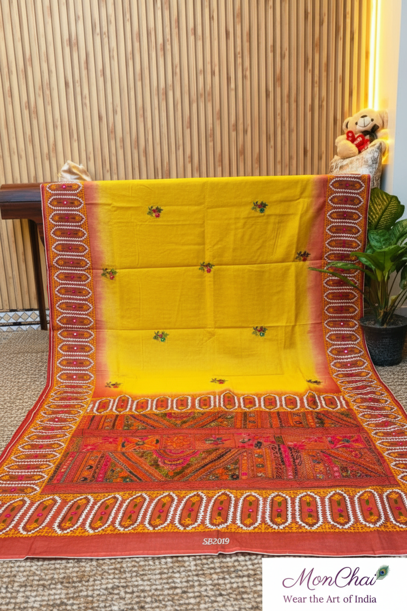 Lambani & Gujrati Fusion Hand Embroidery | Handloom Cotton Tussar Saree with Dye Work & Cord Piping Border | Own Production Boutique Collection