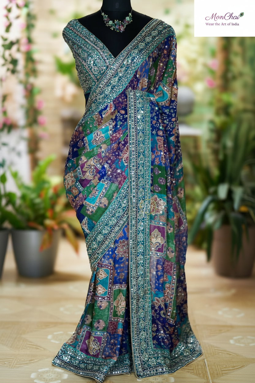 StarAura Azraq HS5086 | Pure Chinnon Designer Saree with Ajrakh Patchwork & Heavy Embroidery