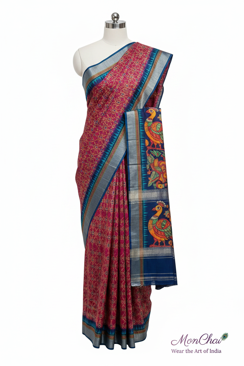 Patola Printed Tussar Silk Saree with Kalamkari Pallu & Zari Temple Border