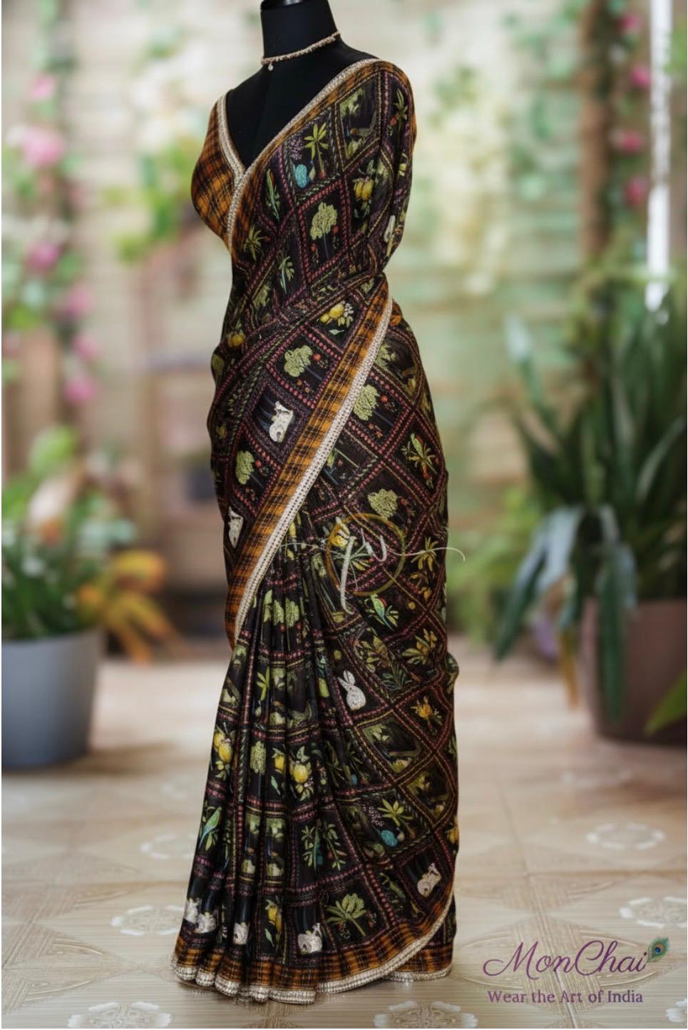 HS5278-KP | Pure Gajji Silk Saree with Nature Art Panels & Sequin Border