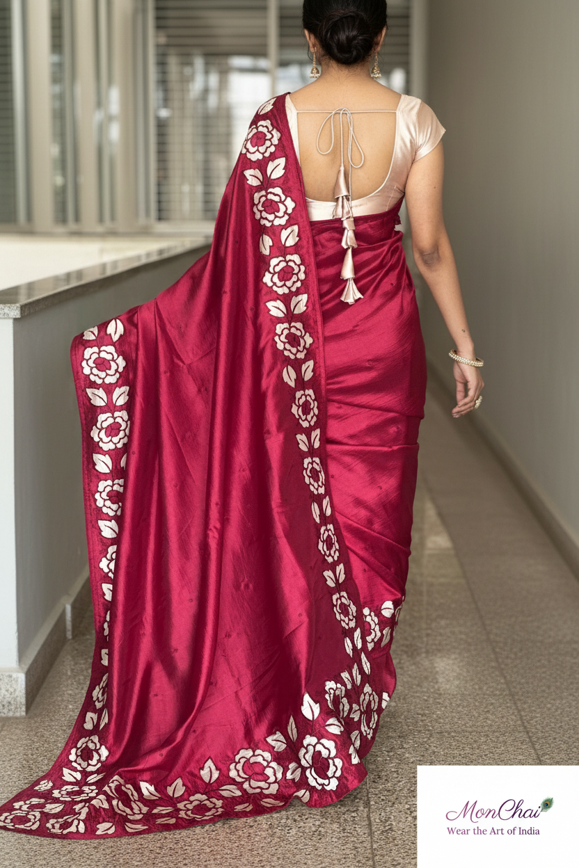 Pure Crape Silk Saree with Appliqué & Parsi Work Border | Self-Colour Blouse