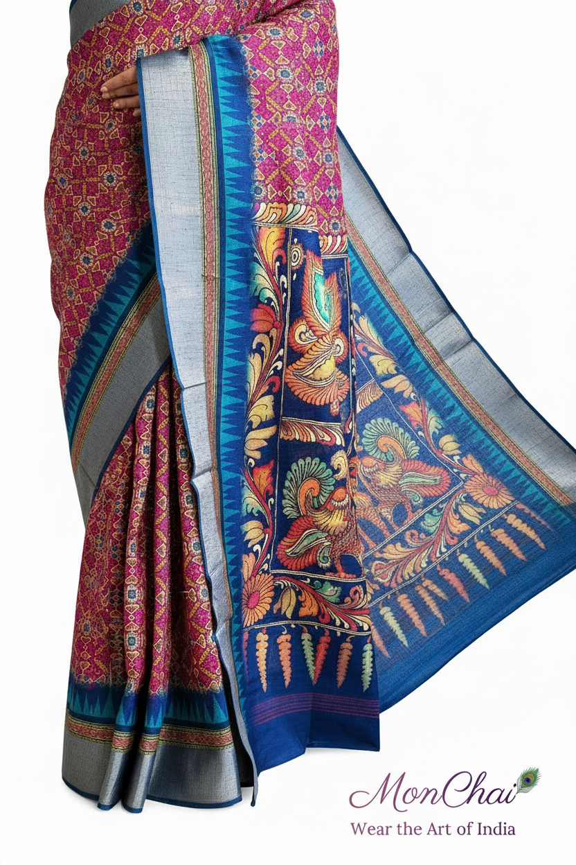 Patola Printed Tussar Silk Saree with Kalamkari Pallu & Zari Temple Border