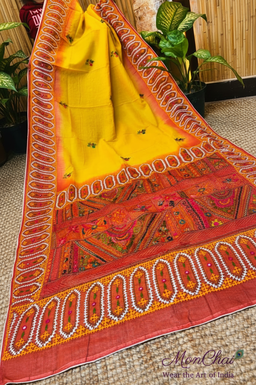 Lambani & Gujrati Fusion Hand Embroidery | Handloom Cotton Tussar Saree with Dye Work & Cord Piping Border | Own Production Boutique Collection