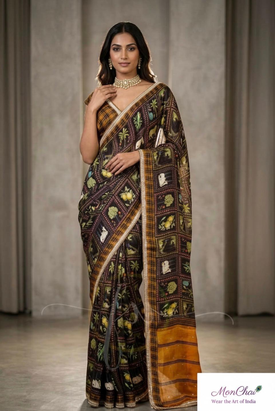 HS5278-KP | Pure Gajji Silk Saree with Nature Art Panels & Sequin Border