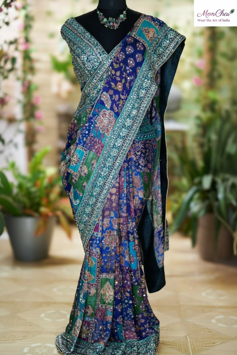 StarAura Azraq HS5086 | Pure Chinnon Designer Saree with Ajrakh Patchwork & Heavy Embroidery