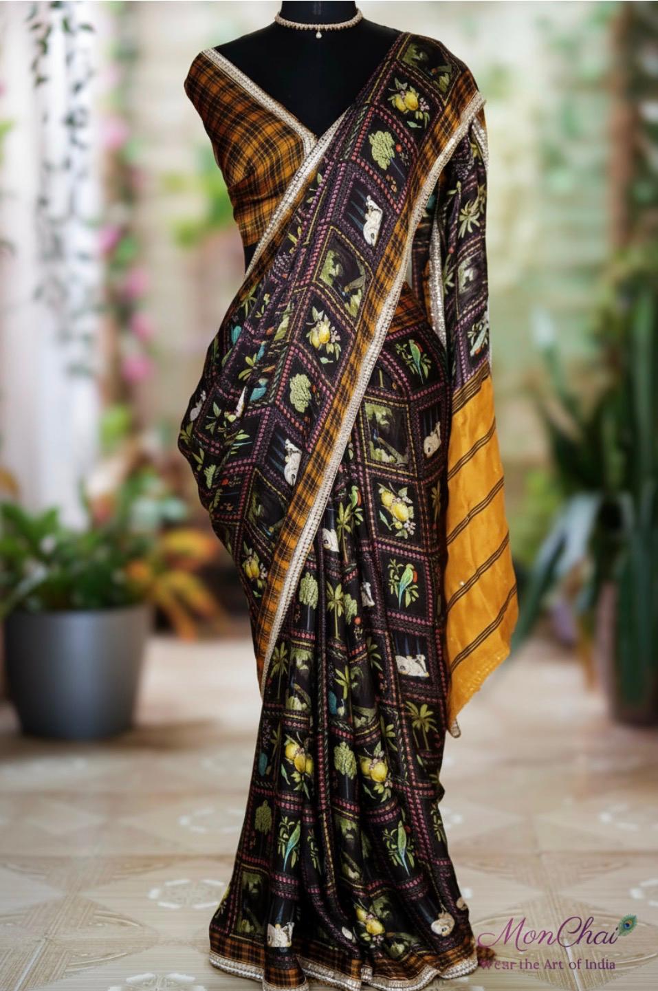 HS5278-KP | Pure Gajji Silk Saree with Nature Art Panels & Sequin Border