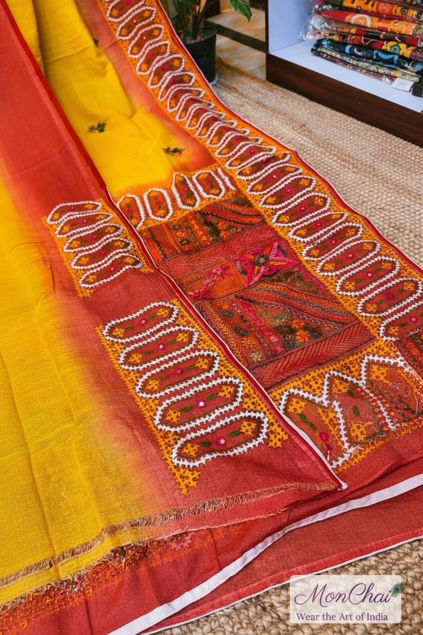 Lambani & Gujrati Fusion Hand Embroidery | Handloom Cotton Tussar Saree with Dye Work & Cord Piping Border | Own Production Boutique Collection