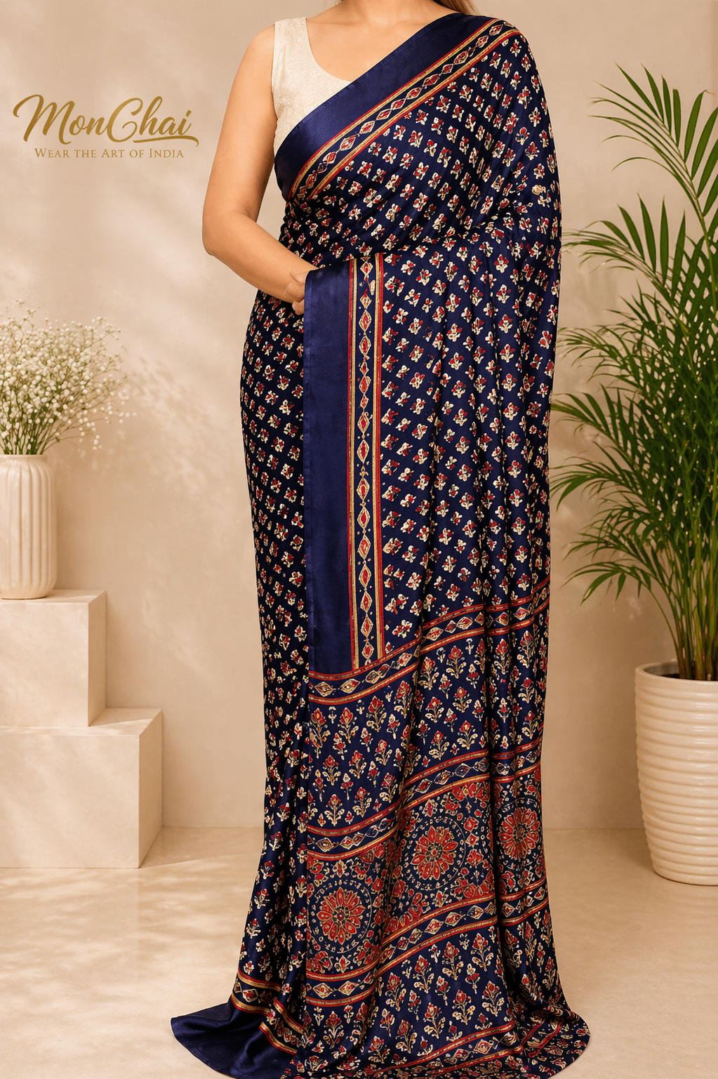 Mirror Magic — Pure Modal Silk Ajrakh Hand Block Print Saree