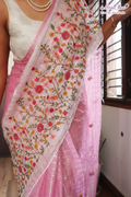 CHI-EMB-200525 | Floral Embroidery Pure Soft Georgette Saree with Golden Stripes