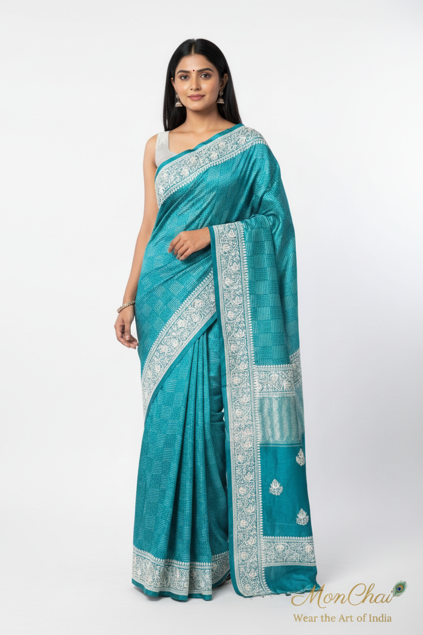 Semi-Tussar Silk Saree with Parsi Work Border & Blouse