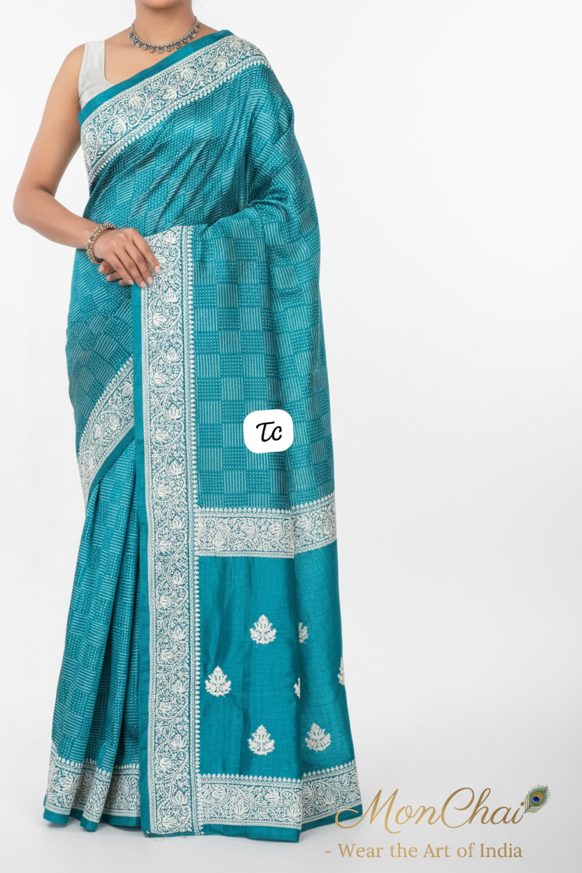 Semi-Tussar Silk Saree with Parsi Work Border & Blouse