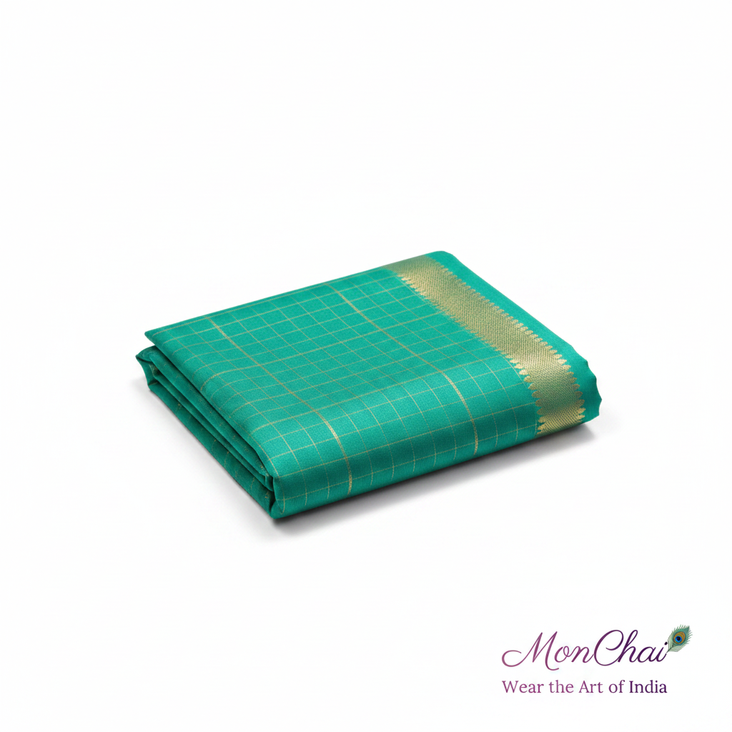 Mangalagiri Pure Handloom Lt Pattu Saree | Gold Zari Check & Border