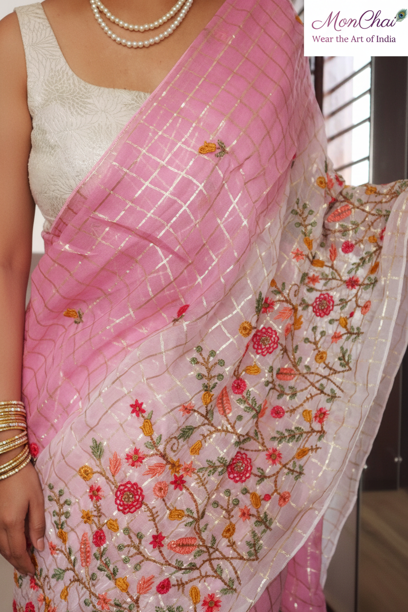CHI-EMB-200525 | Floral Embroidery Pure Soft Georgette Saree with Golden Stripes
