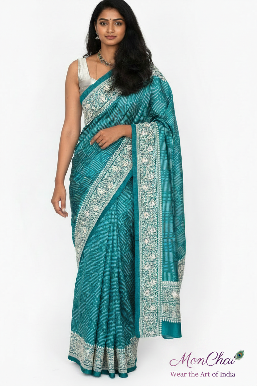 Semi-Tussar Silk Saree with Parsi Work Border & Blouse